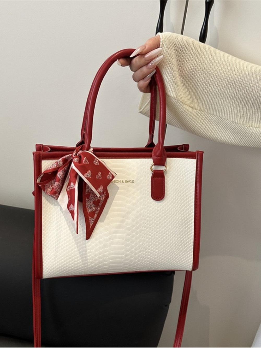 Red & White Structured Top-Handle Satchel